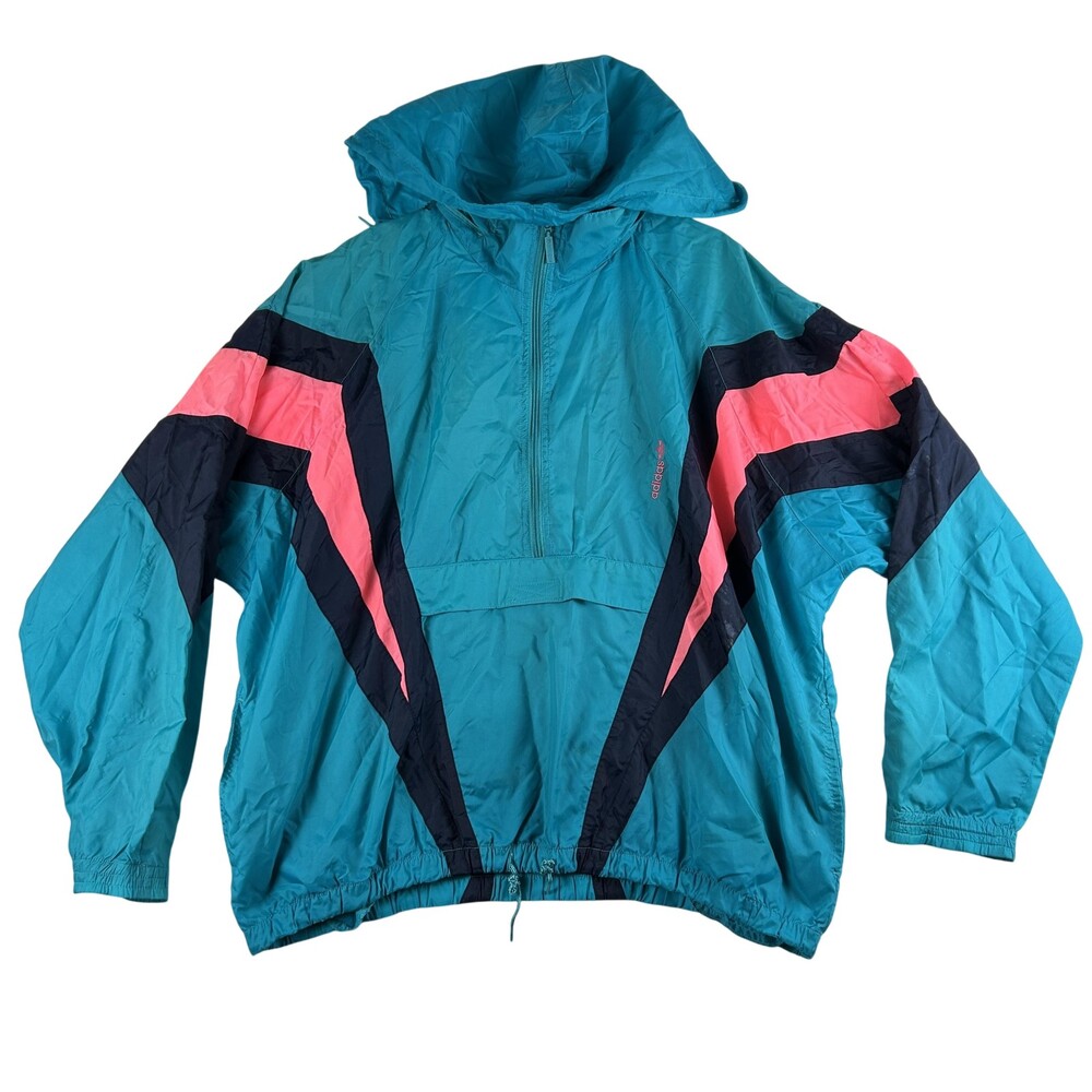 Vintage Adidas Jacket Mens XL Blue Hooded Colorblock Windbreaker Pullover 80s